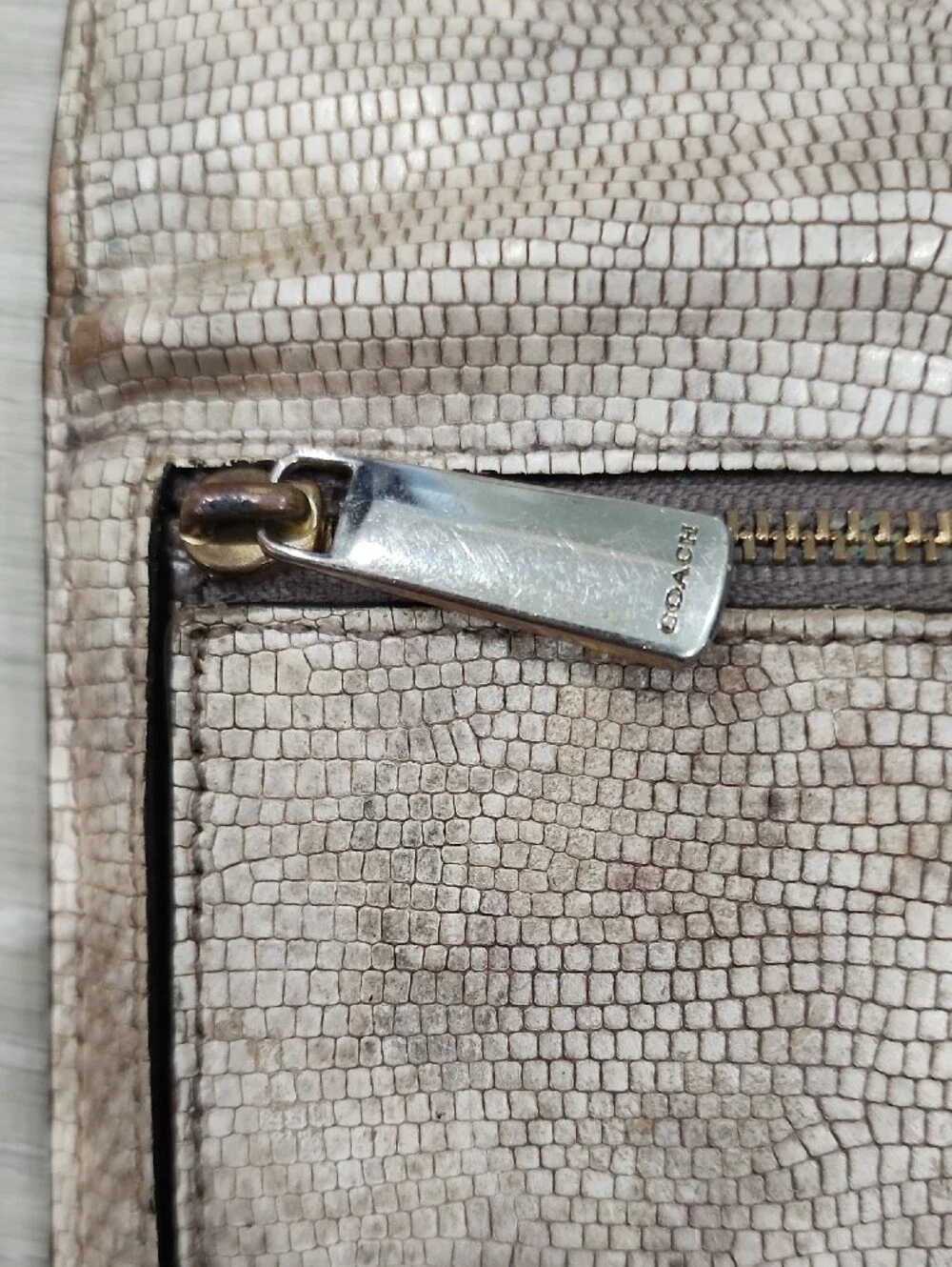COACH Metallic Taupe Textured Fold-Over Wallet